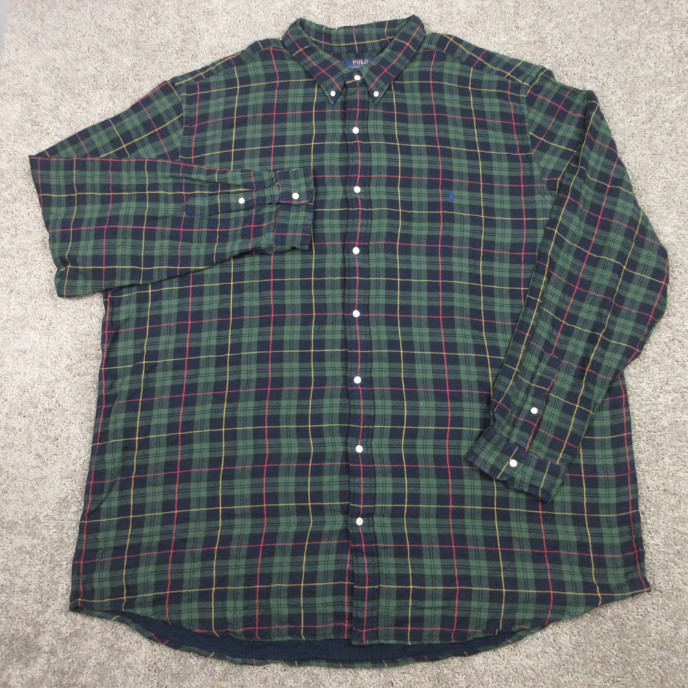 Polo Ralph Lauren Shirt Mens 4XLT Green Plaid Tartan Twill Flannel Button Up EUC
